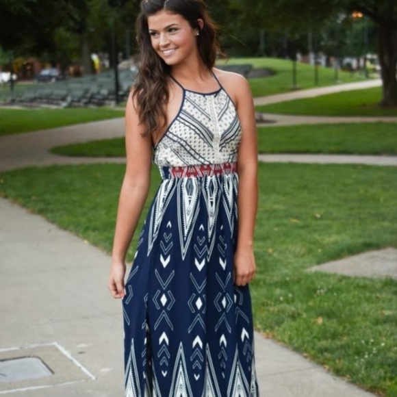 Japna New Size M Halter Style Maxi Dress Rayon Blue Cream Red Aztec Boho Print - Picture 2 of 10